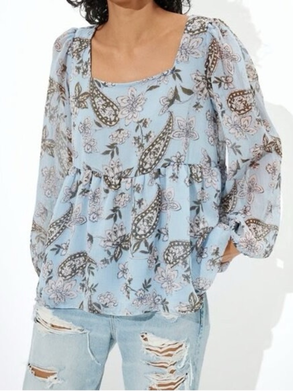 American Eagle Light Blue Paisley Floral Peasant Top